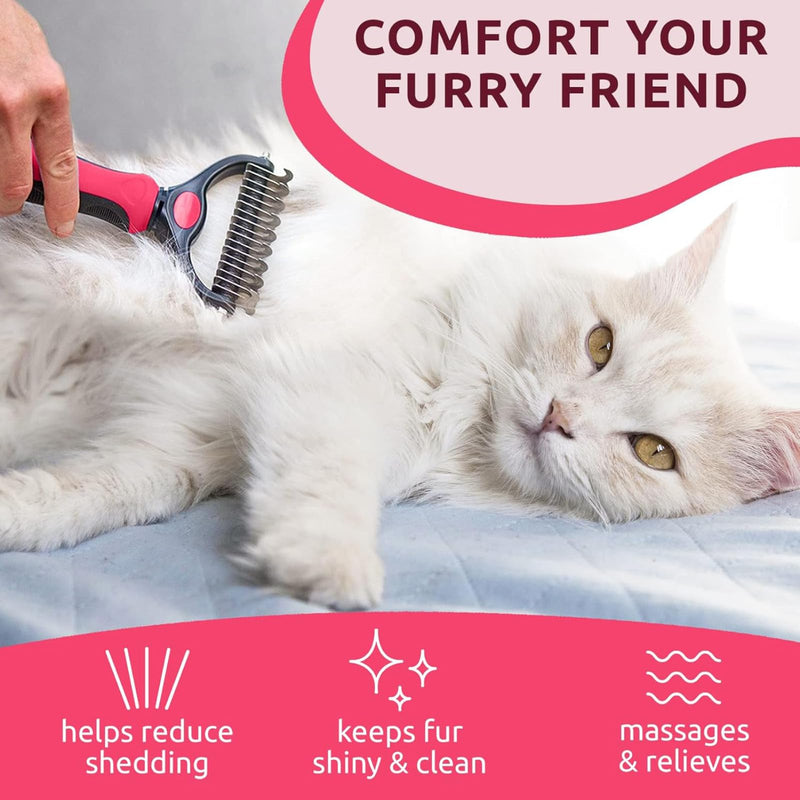 Pet Dematting Comb, Double-Sided Grooming Rake for Dogs and Cats, Deshedding Tool for Removing Knots and Tangles (Pink, L) Pink