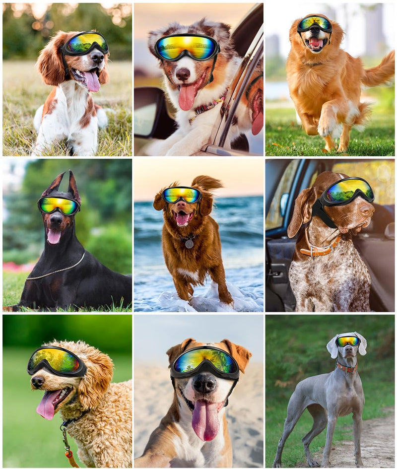 Dog Goggles Medium Large Breed, Dog Sunglasses with Adjustable Straps and Soft Sponge Pad, UV/Wind/Dust/Fog/Snow Dog Eye Protection Sunglasses for Outdoor Driving Riding, Black Black Frame-Colorful Lenses - PawsPlanet Australia