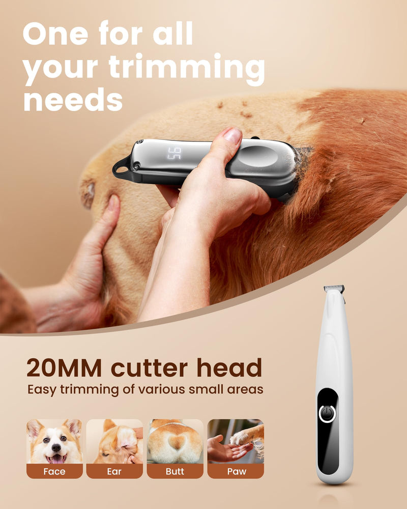 Dog Grooming Kit with Dog Paw Trimmer for Heavy Thick Hair, Low Noise Clippers for Grooming with Stainless Steel Blade, Cordless Dog Hair Clippers, Rechargeable Dog Shaver for Pets Cats White - PawsPlanet Australia