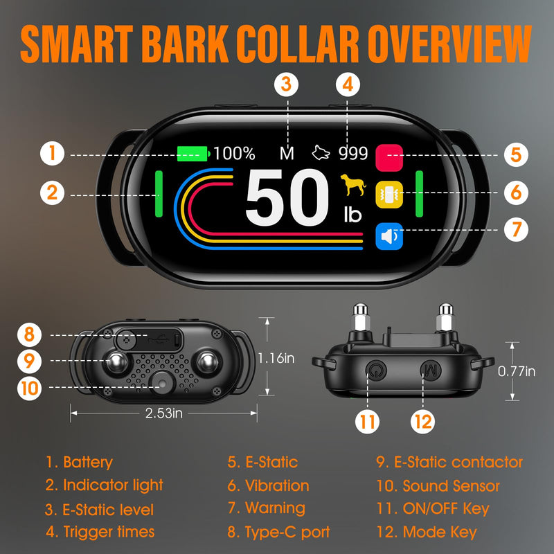 Smart Dog Bark Collar - for Small Medium Large Dogs 10-100lbs, Automatic Dog Training Collar to Decrease Barking, Anti Barking Device with 4 Training Modes, More 8 Sensitivity Levels, Black - PawsPlanet Australia