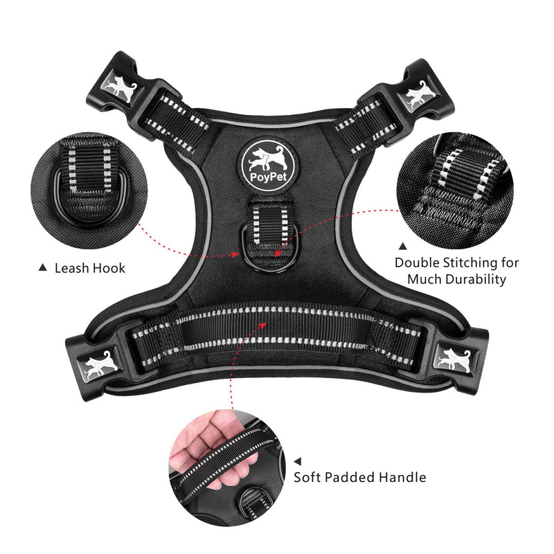 PoyPet 2019 Upgraded No Pull Dog Harness with 4 Snap Buckles, Reflective with Front & Back 2 Leash Hooks and an Easy Control Handle [NO Need Go Over Dog’s Head] Medium Black