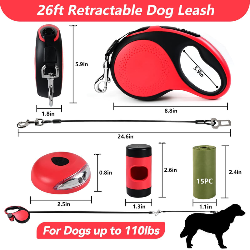 Heavy Duty Retractable Dog Leash for Large Dogs, 26ft Dog Leash with Poop Bag Holder, Up to 110lbs, chew Proof Cable, LED Light, 360° No-Tangle, One-Handed Pause & Locked. (Red, L 26ft) Red