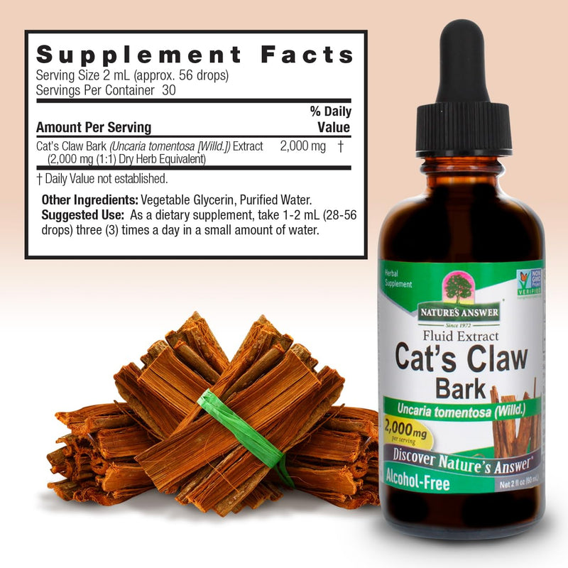 Nature's Answer Cat's Claw Bark Liquid Extract Supplement 2 Ounce - Alcohol Free Cats Claw Tincture & Capsules Alternative for Joint & Muscle Support, Vegan, Non-GMO, Gluten Free, Kosher 2 Fl Oz (Pack of 1) - PawsPlanet Australia
