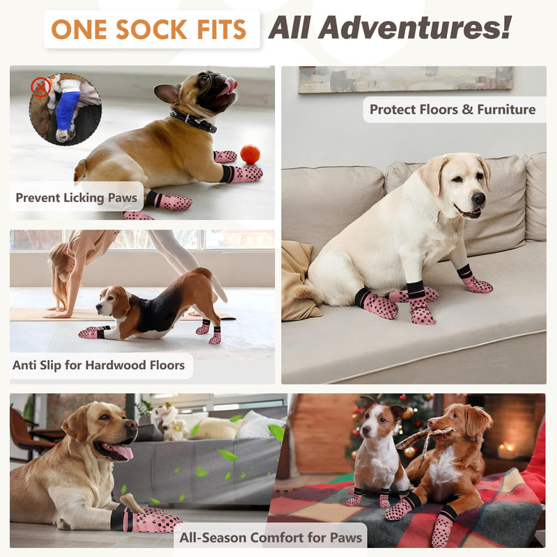 Anti Slip Dog Socks to Prevent Licking Paws, Dog Shoes for Hot/Cold Pavement, Dog Boots on Hardwood Floors, Traction Control Dog Booties & Paw Protectors for Small Medium Large Senior Dogs Pink L(Pack of 4) - PawsPlanet Australia