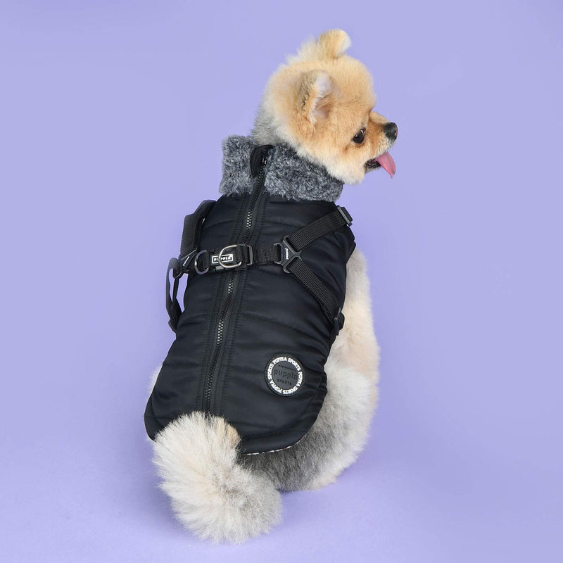 Puppia Donavan Winter Dog Coat with Integrated Harness No Pull Cold Weather Waterproof Warm Fleece Back Zipper for Small & Medium Dog, Black, Medium - PawsPlanet Australia