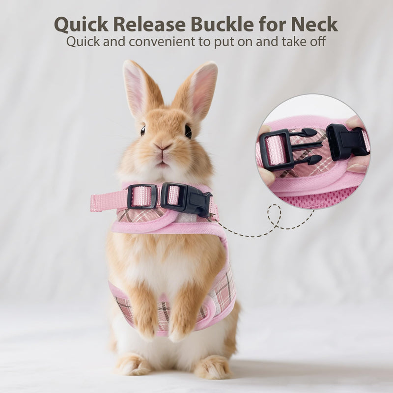 AIITLE Breathable Rabbit Harness and Leash Set - Plaid Pattern Padded Vest with Magic Tape Design, Dual D-Rings, Adjustable for Small Animal Pets, Indoor Outdoor Training Camping, Pink M - PawsPlanet Australia