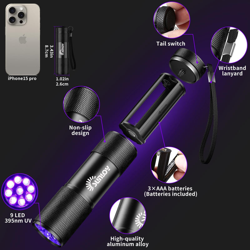 UV Flashlight Black Light UV Lights, 5 Pack 9 LED 395nm Ultraviolet Blacklight, Handheld Mini Torch Light Pet Urine Detector for Dog/Cat Urine, Dry Stains, Bed Bug(15x AAA Batteries(Black)) - PawsPlanet Australia