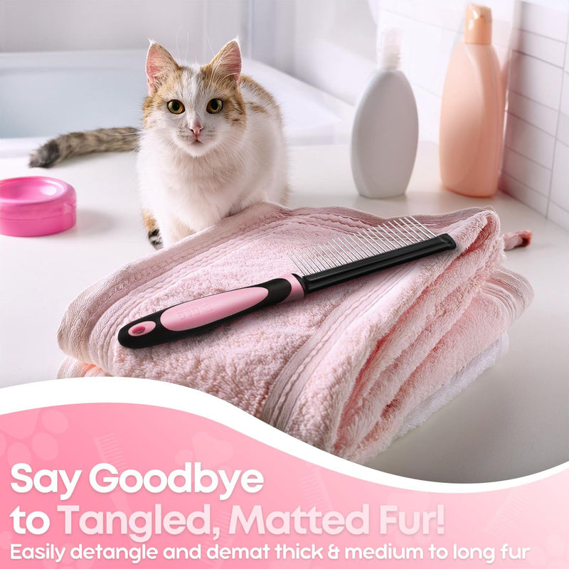 Flexzion Dog Comb - Pet Cat Grooming Trimmer Brush Stainless Steel Blade for Small Animal Puppy Matted Tangles Hair Cutting Removing Tool with Rounded Teeth Needle Soft Grip Handle (Pink) - PawsPlanet Australia
