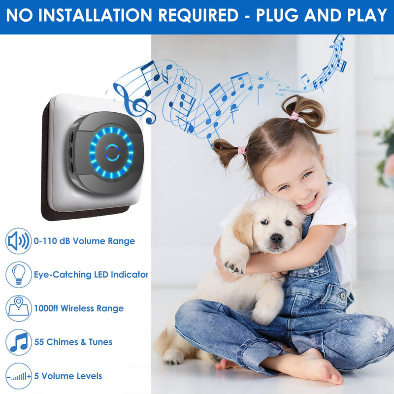 Dog Doorbell, Dog Bell for Training Doggie Door Bell for Dog Puppy Training Sliding Door/Go Outside Doorbell and Waterproof Touch Button 1 Transmitter + 1 Receiver - PawsPlanet Australia