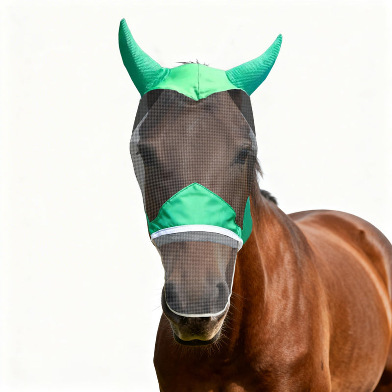 Green Fly Mask for Horses with Nose & Ear Coverage - UV Protection Summer Fly Mask, Breathable & Comfortable Mesh Face Mask for Horses, Adjustable Horse Fly Mask for Stable, Trail, Pasture