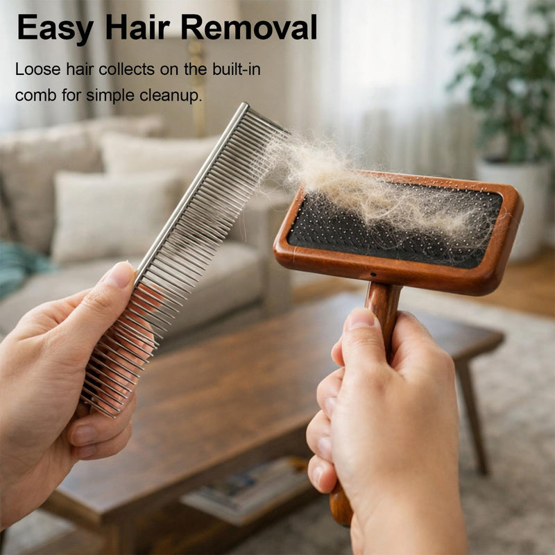 Dog Slicker Brush and Dog Grooming Brush, Professional Pet Comb for Shedding Control, Wooden Handle Cushion Wire Brush with Long Short Teeth Design, Suitable for Long and Short Haired Pets