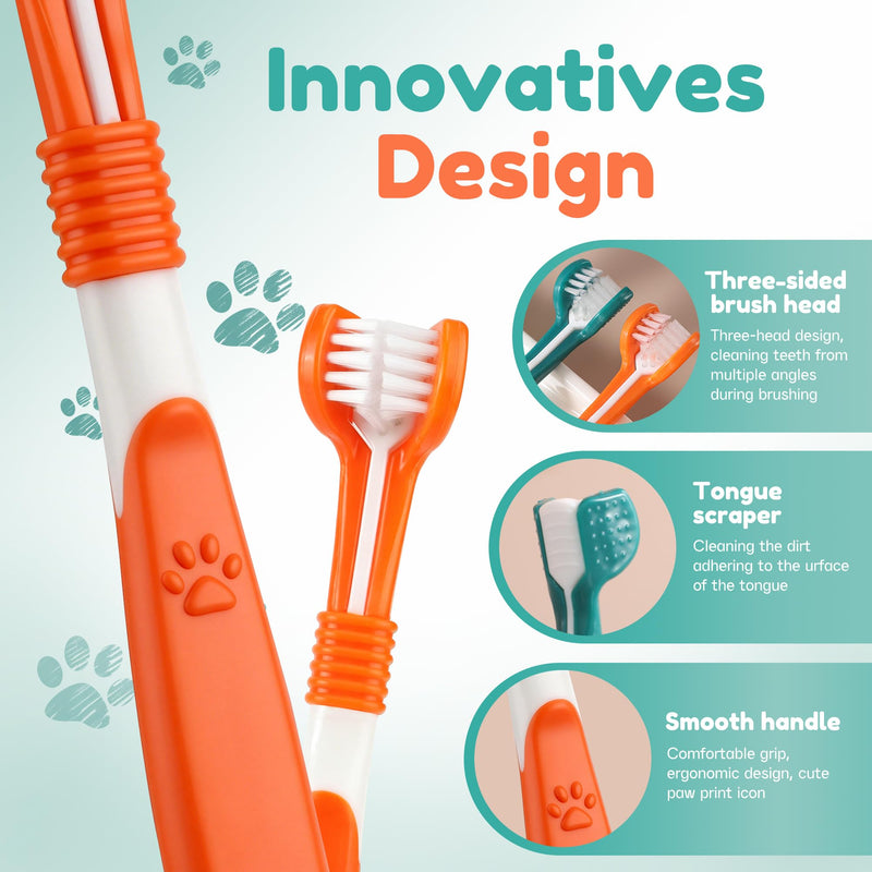 Dog Toothbrush Set, 8TL Dog Toothbrush with Triple Head & Finger Toothbrush, Multi-Angle Dental Cleaning Set for Small, Medium, and Large Dogs and Pets