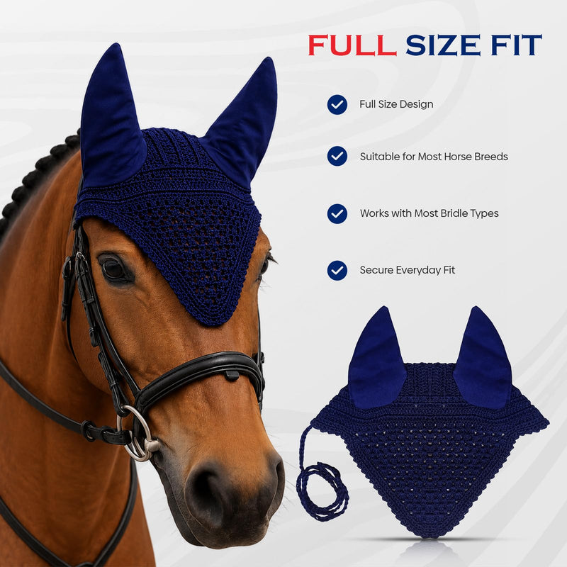 Equine Care Horse Fly Bonnet Full Size Blue – Breathable Cotton Crochet Ear Bonnet, Fly Veil & Ear Net for Horses with Noise Reducing Cotton Ears for Dressage, Hunter Jumper & English Riding