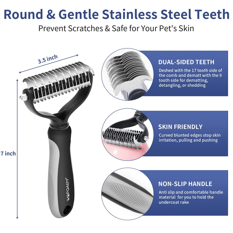 5 in 1 Dog Grooming Kit - Self-Cleaning Slicker Brush for Shedding Short Long Haired Dogs & Cats, Includes Pet Comb, Flea Comb, Bath Brush, Undercoat Rake - Complete Fur Care Set - Gray - PawsPlanet Australia