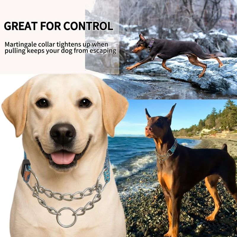 Martingale Dog Collar with Chain Stainless Steel, Nylon Dog Collar Flowers Pattern, Adjustable Training Walking Collar with Quick Release Buckle, Slip Chain Collar for Puppy Medium Large Dogs black Small - PawsPlanet Australia