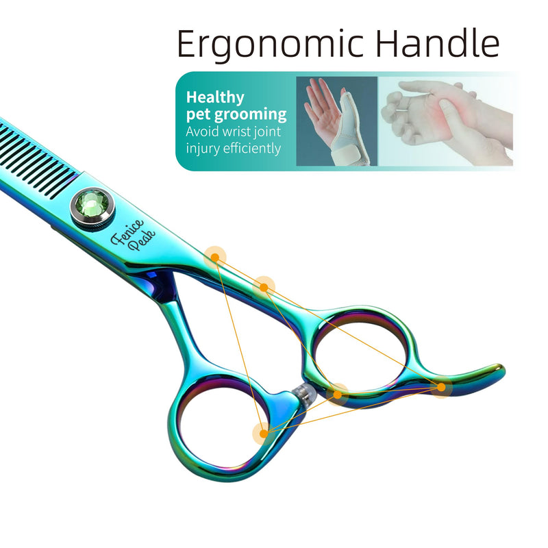 FENICE PEAK 7'' Green Thinning Dog Grooming Scissors Pet Shears with Ergonomic Offest Handle and Simulated Emerald Screw 440C Grooming Scissors Trimming Shears Durable and Sharp Thinner 7"