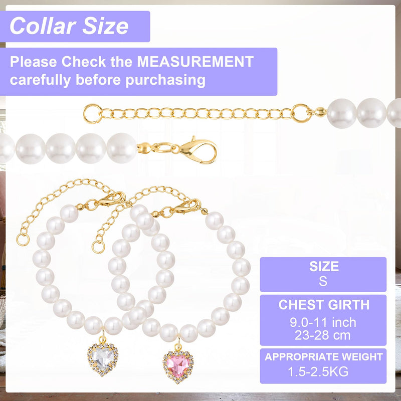Cat Dog Pearl Necklace Collar 2pcs, Small Cat Collar Pear Dog Necklaces Cute Fancy Jewelry Accessories with Heart Shape Rhinestone White Pink Wedding Birthday Party for Puppy Pets Small Dogs - PawsPlanet Australia