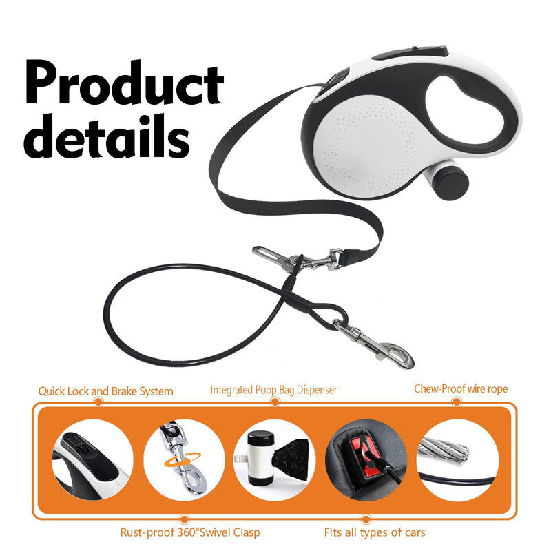 26Ft Retractable Dog Leash with Chew Proof Cable,Heavy Duty Dog Leash with Removable Poop Bags for Medium Large Dogs up to 110lbs,Strong Nylon Tape No Tangle,One-Handed Brake (White) White