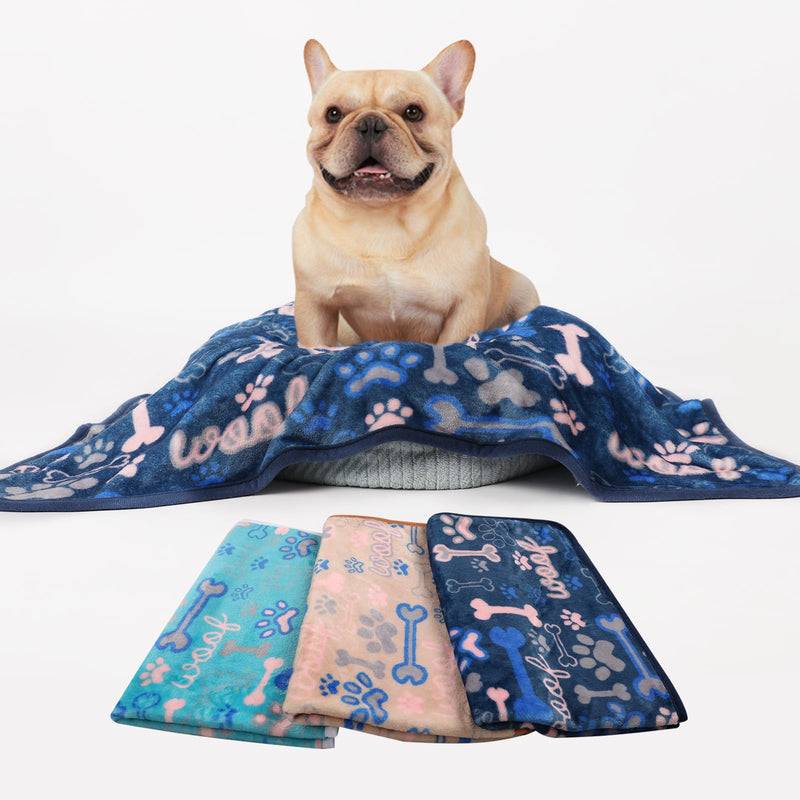 Luciphia 1 Pack 3 Blankets Fluffy Premium Fleece Pet Blanket Flannel Paw Bone Printed Throw for Dog Cat(Large 41"x31", Khaki/Blue/Navy) 41x31 inch (Pack of 3) Khaki/Blue/Navy Bone - PawsPlanet Australia