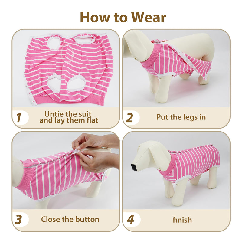 Striped Dog Surgery Suit - Soft Cotton Recovery Body Suit After Surgery, Wound Protection, Easy to Wear, Pink L