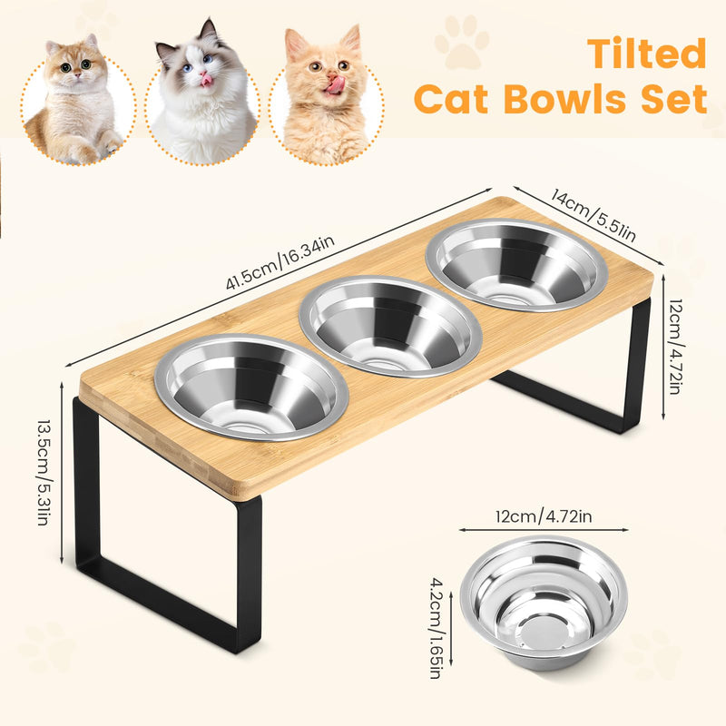 3pcs Cat Bowl with 15° Tilted Stand, Raised Cat Feeding Bowls Stainless Steels for Food and Water, Bamboo Elevated Feeder Bowls for Cats and Puppy, Anti Slip Tilted Feeding Station - PawsPlanet Australia