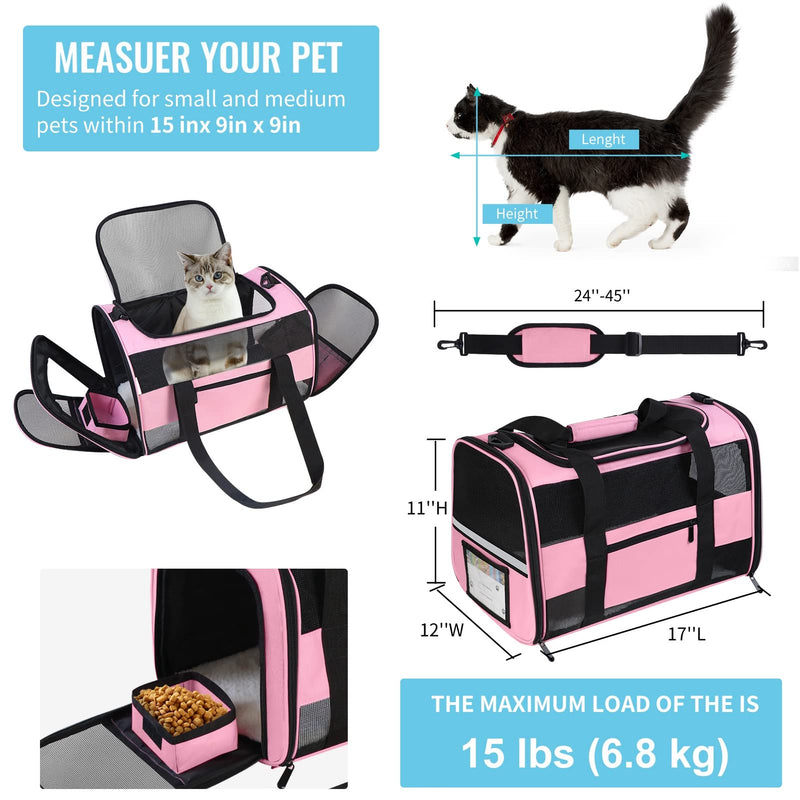 Cat Carrier Pet Carrier Airline Approved for Small Dogs Medium Cats Puppies 15 Lbs Dog Carrier with Reflective Strip, Collapsible Soft Sided Cat Travel Carriers - Pink 17” L x 11” W x 11” H - PawsPlanet Australia