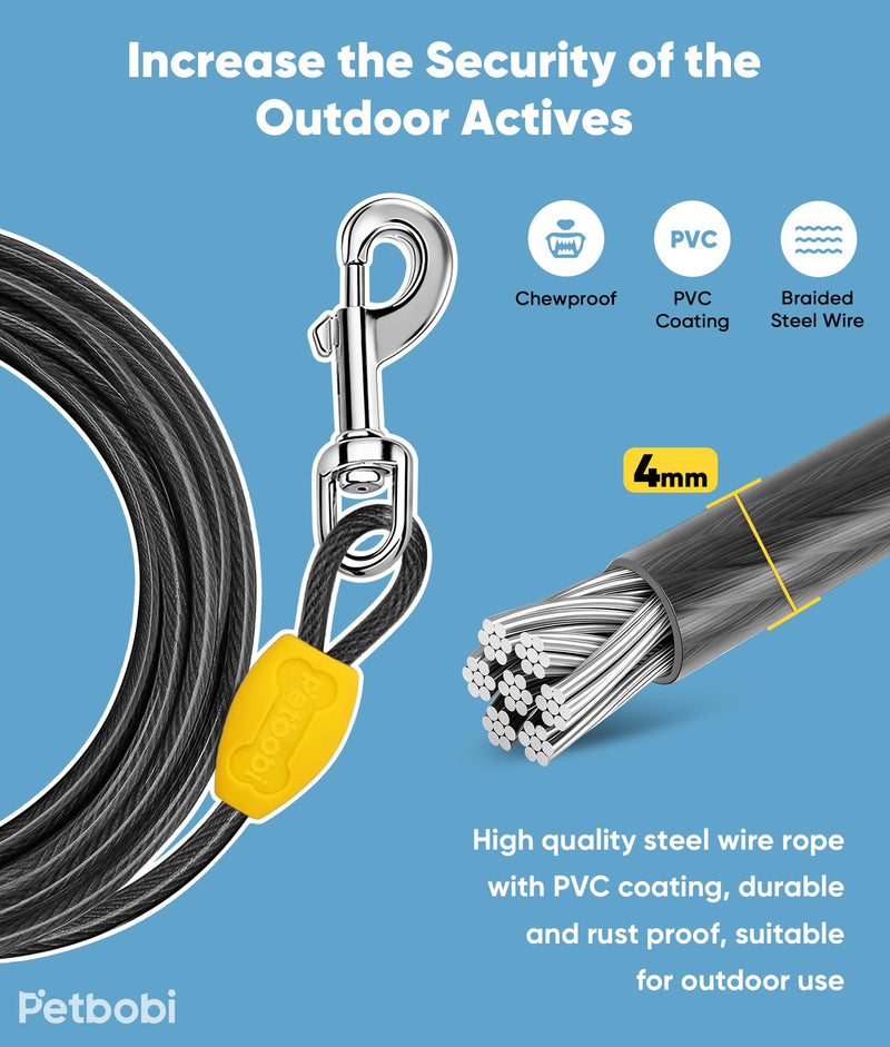 Petbobi Dog Tie-Out Cable 50ft - Outdoor Leash 4mm Metal Cable with Shock Absorbing Spring 360° Swivel Clips, Chain for Dogs Yard Camping, Fit Small Medium Large Pets Up to 120lbs, Black 50 ft
