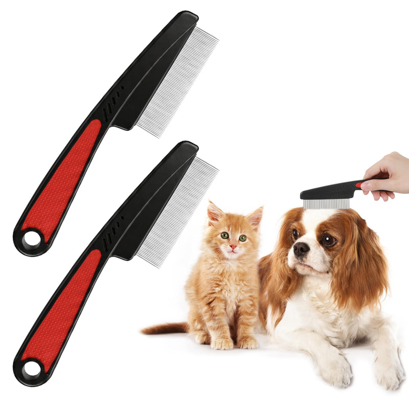 2 Pcs Flea Brush for Cat Dogs, Removal Flea and Tick Comb, Fine Tooth Stainless Cleaning Massage Brush for Dog Cat (Red)