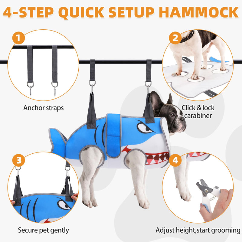 Dog Grooming Hammock for Small Dogs Cats, Cute Shark Design Dog Hanging Harness for Nail Trimming/Clipping, Pet Sling with Grooming Kit and Thick Neck Support & Strap Restraint Claw Care, S Blue Shark - PawsPlanet Australia