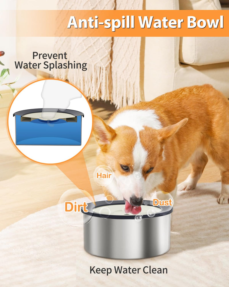 No Spill Water Bowl and Food Bowl Set for Dogs, 2L Large Slow Drinking Spilling Proof Water Dispenser & 1.5L Stainless Steel Dish, Fits into Elevated Pet Feeder