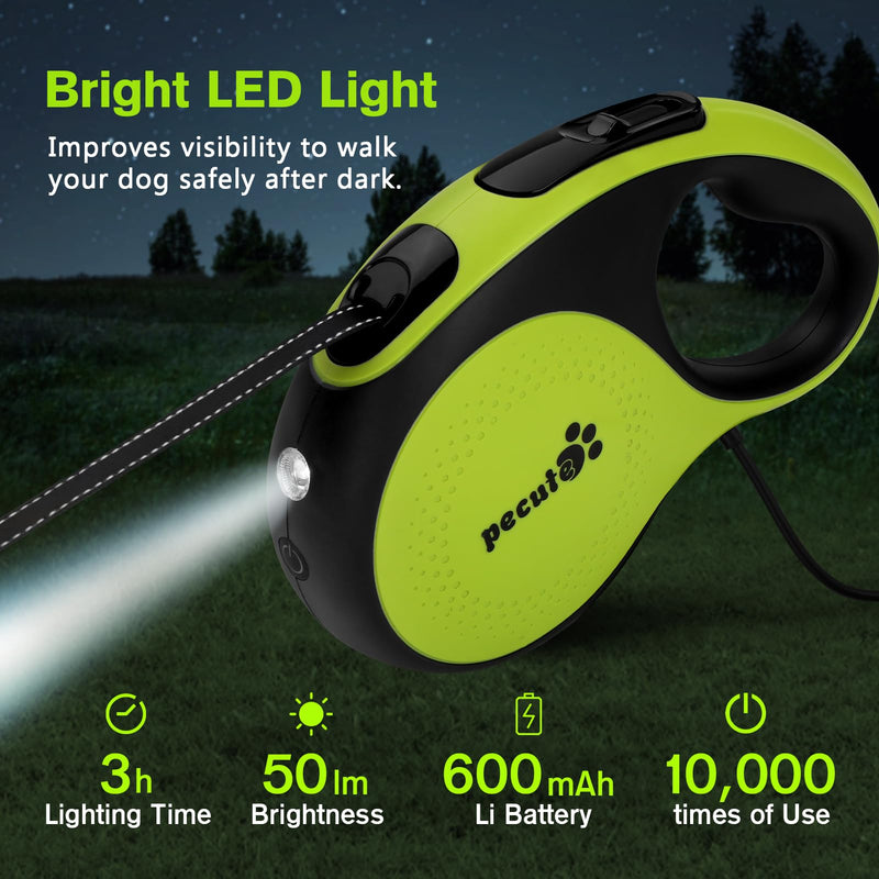Pecute 16 ft Retractable Heavy Duty Dog Leash with Light Rechargeable, Walking Dog Leash with Nylon Tape, 360° Tangle-Free, One-Button Control, High Strength Hook for Large Dog Up to 110 lbs - PawsPlanet Australia