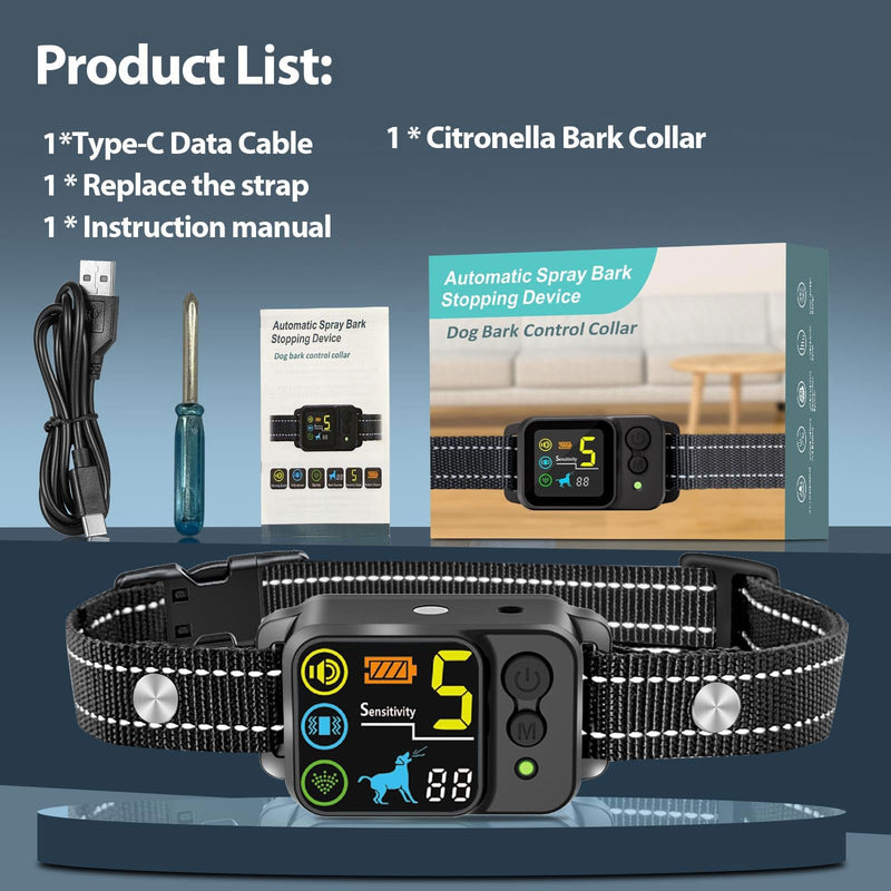 Citronella Bark Dog Collar [No Refill] Spray Dog Collar, with 5 Adjustable Sensitivity, Beep+Vibration+Spray 5 Working Modes Citronella Bark Collar, IP66 Waterproof Dog Spray Collar for L/M/S Black - PawsPlanet Australia
