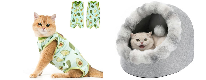 Avont Cat Recovery Suit - Kitten Onesie for Cats After Surgery Bundle with Cat Bed Cave for Indoor Cats, Semi-Enclosed Cat House