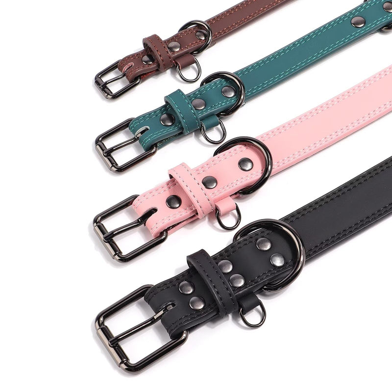 Didog Genuine Leather Dog Collar for Large Dogs, Durable and Soft Pink Dog Collars with Double D Rings and Metal Buckle,Pink,XL XL:Neck 17-21",Width 1¼"