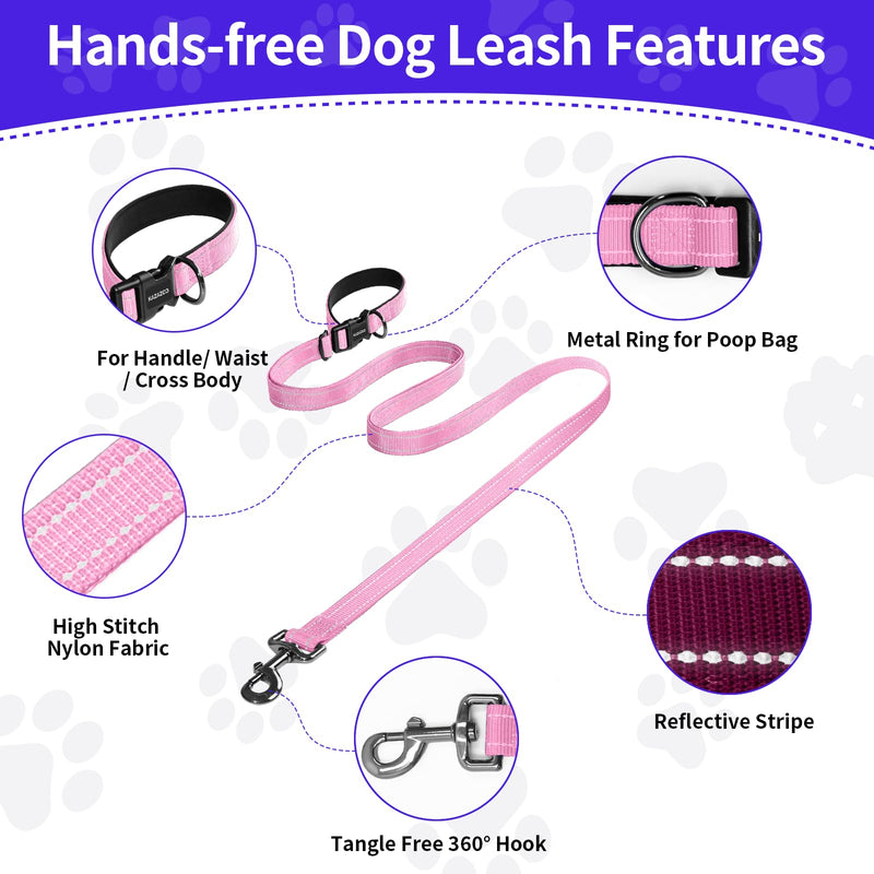 Kazazoo Hands-Free Dog Leash Adjustable Length 5-8 Ft, Waist for Dog Walking, Running for Small &Medium Dogs with Reflective Strips, Ballistic Nylon, Waist Belt, Lightweight Pink M - PawsPlanet Australia