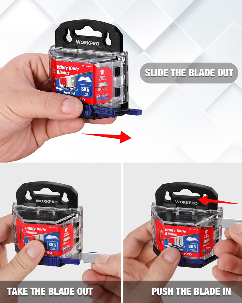 WORKPRO 50-Pack Utility Knife Blades with Dispenser, SK5 Steel Box Cutter, Standard Blades for Utility Knife Replacement 50 Pack - PawsPlanet Australia