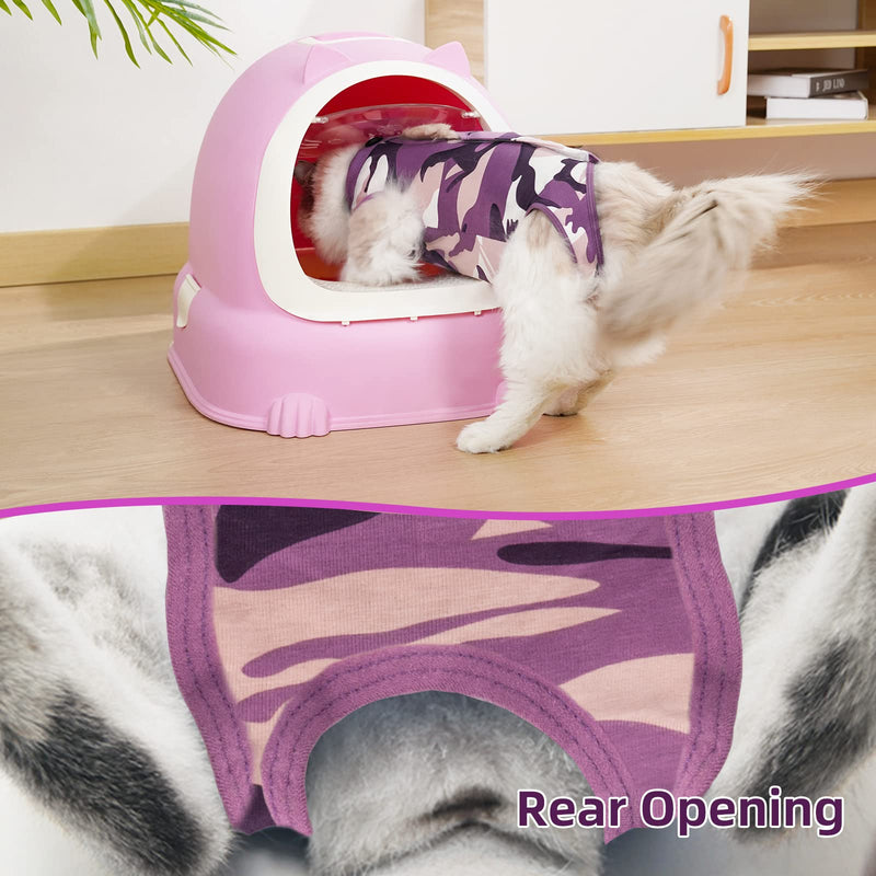 New Professional Cat Recovery Suit After Surgery as E-Collar Alternative, Kitten Recovery Suit for Spay to Cover Abdominal Wounds, Camouflage Cat Apparel Anti-Licking Cat Onesie (S, Purple) Small