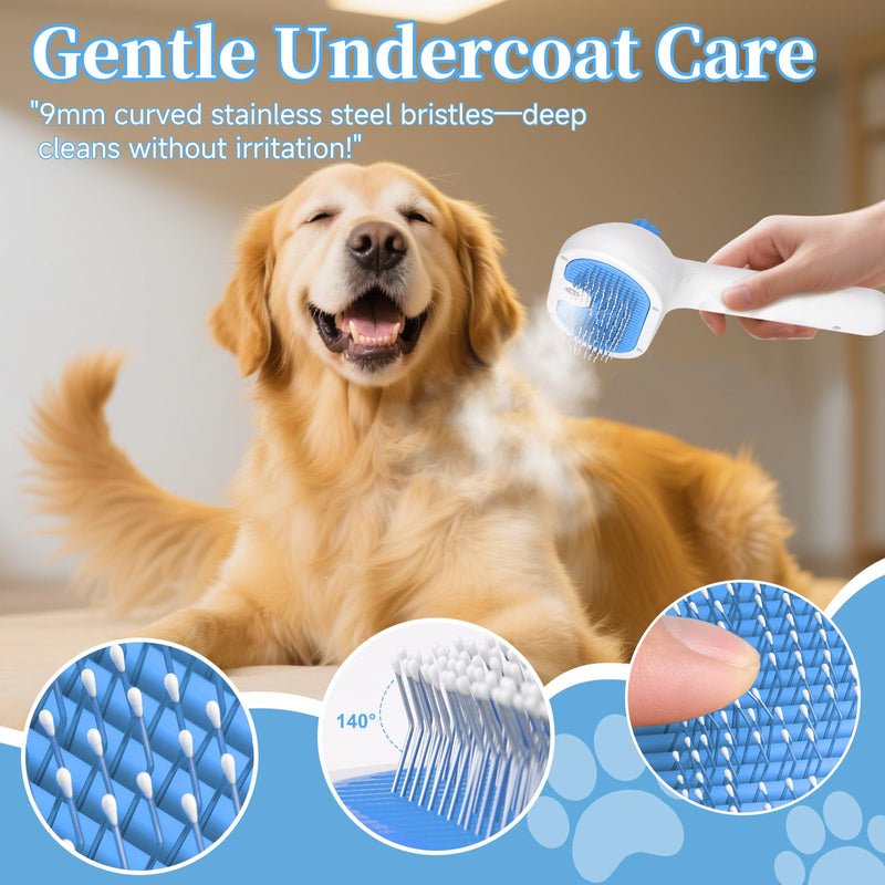 Pet Steam Brush for Dog & Cat - 3-in-1 Steam Grooming Brush for Shedding & Hair Removal - Pet comb leave-in serum with Mist for Long Haired Pets - Includes 2*Waterless Shampoo, Blue 7.88'' - 240ML