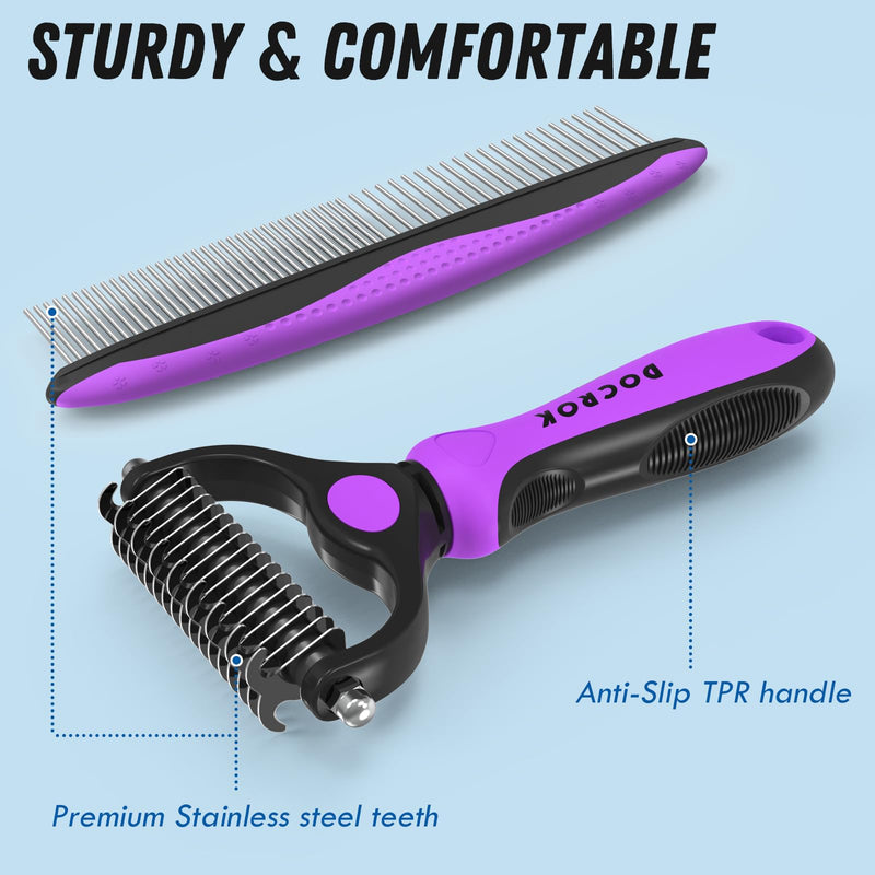 Pet Grooming Brush and Metal Comb Combo - Undercoat Rake for Dematting and Deshedding Long Matted Haired Dogs and Cats, Purple - PawsPlanet Australia