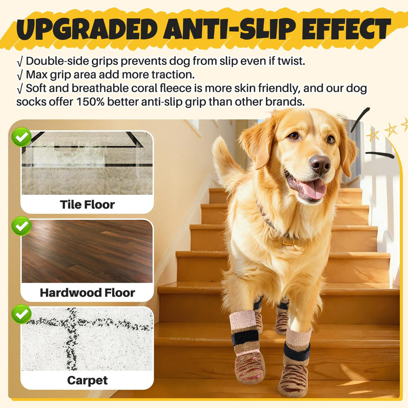 SlowTon Dog Socks with Double-Sided Grippers - 4PCS Dogs Grip Socks for Hot & Cold Pavement or Hard Floors, Non-Slip Paw Traction Protectors for Senior Small Medium Large Dogs(Brown, M) - PawsPlanet Australia