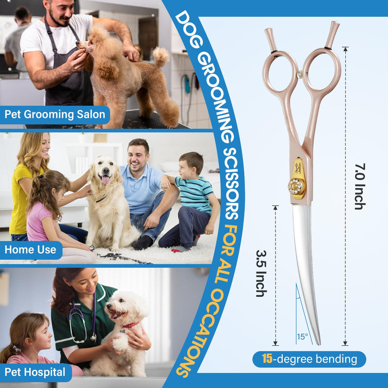 JASON Professional Dog Grooming Scissors - 7 Inch Curved Shear Japanese 440C Stainless Steel Dog Scissors with Diamond Screw, Rosegold, Sharp & Durable