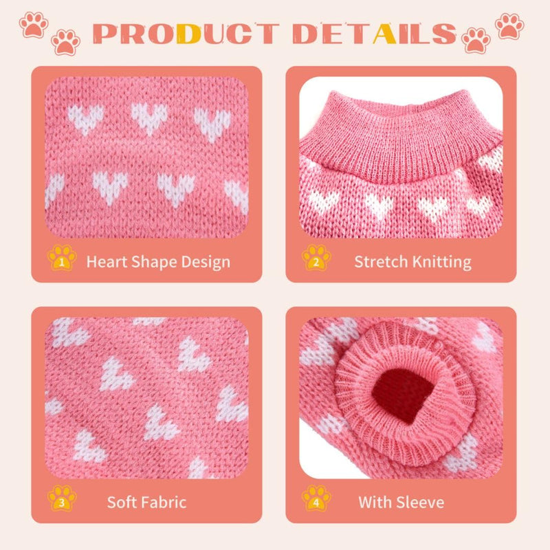 Dog Sweater Heart Dog Valentines Sweater Soft Puppy Sweater Cat Sweater Holiday Pet Clothes Pink Knitted Dog Outfit Warm Dog Clothes for Small Medium Dogs (Pink,XS) X-Small - PawsPlanet Australia