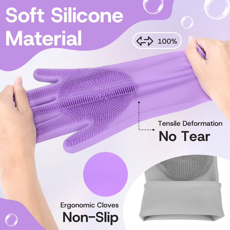 2-Pair Pet Hair Remover Glove for Dogs and Cats Washing, Grooming, & Deshedding – Multipurpose Silicone Dog Bath Gloves, Cat Brush Glove Mitt for Pet Cleaning & Household Use (Purple & Grey) Gray and purple two-tone