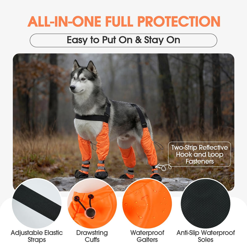 Pezluxe Dog Suspender Boots, Waterproof Anti-Slip Dog Rain Boots with Adjustable Strap for Small Medium Large Dogs, Reflective Paw Protector Pet Shoes for Outdoor Walking, Rain Snow Hiking, Orange, XS - PawsPlanet Australia