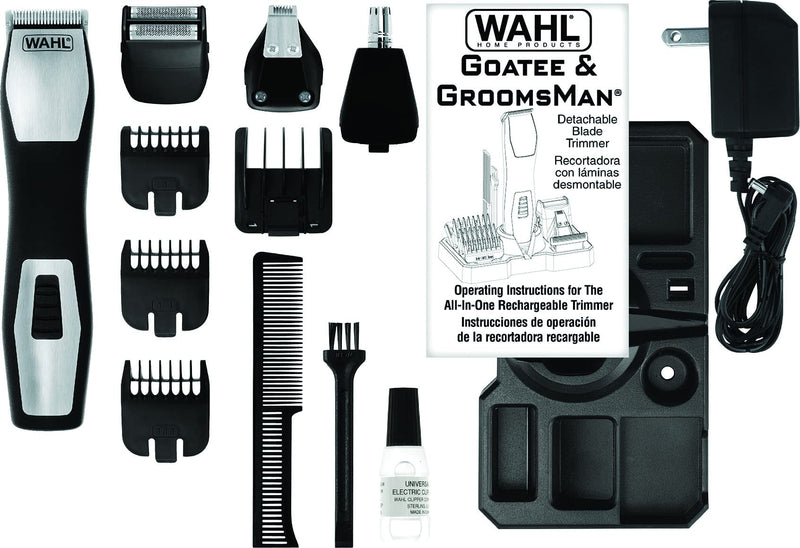 Wahl 9855-300 Groomsman Pro All-in-one Rechargeable Grooming Kit, Black/Silver 11 Piece Set - PawsPlanet Australia