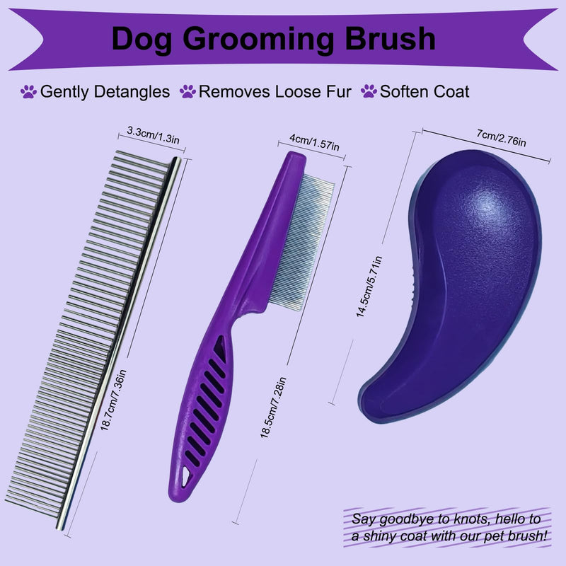 3 PCS Puppy Brush Grooming Kit, Stainless Steel Flea Comb, Fit for Yorkie, Shih Tzu, Maltipoo, Soft Bristle (Dark Purple) Dark Purple - PawsPlanet Australia