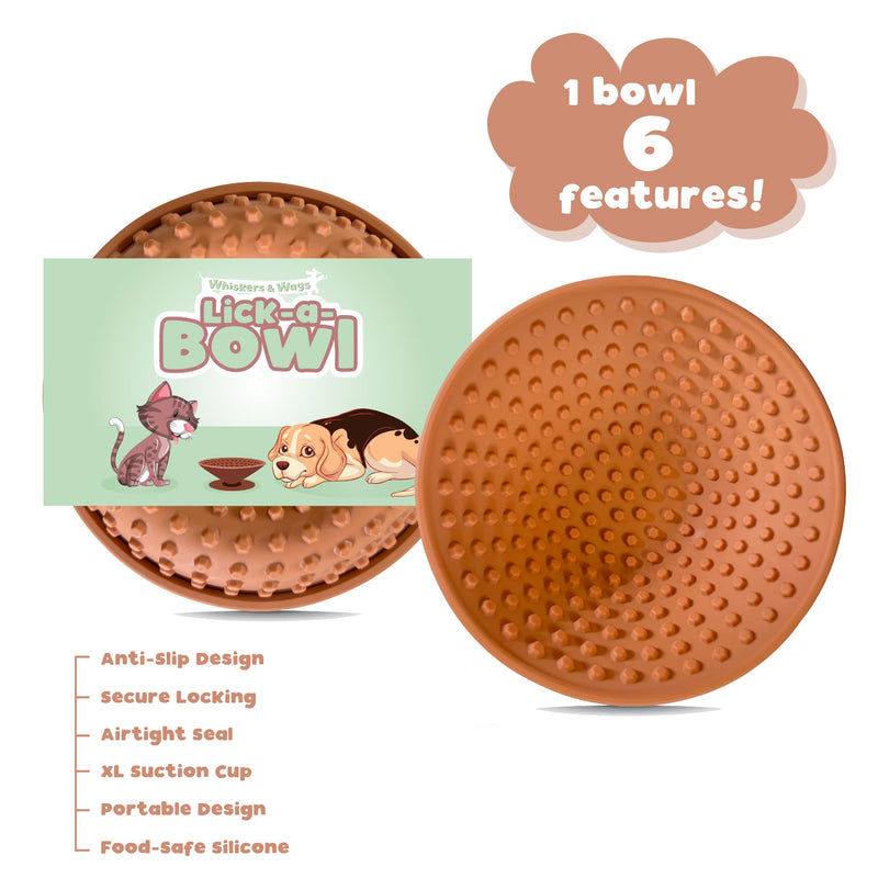 Lick-a-Bowl for Dogs and Cats, Cat Slow Feeder, Dog Lick Bowl with Lid, 3 Shape, Silicone Pet Licking Mat, XL Suction Cup for Spill Prevention - Raw Sienna - PawsPlanet Australia