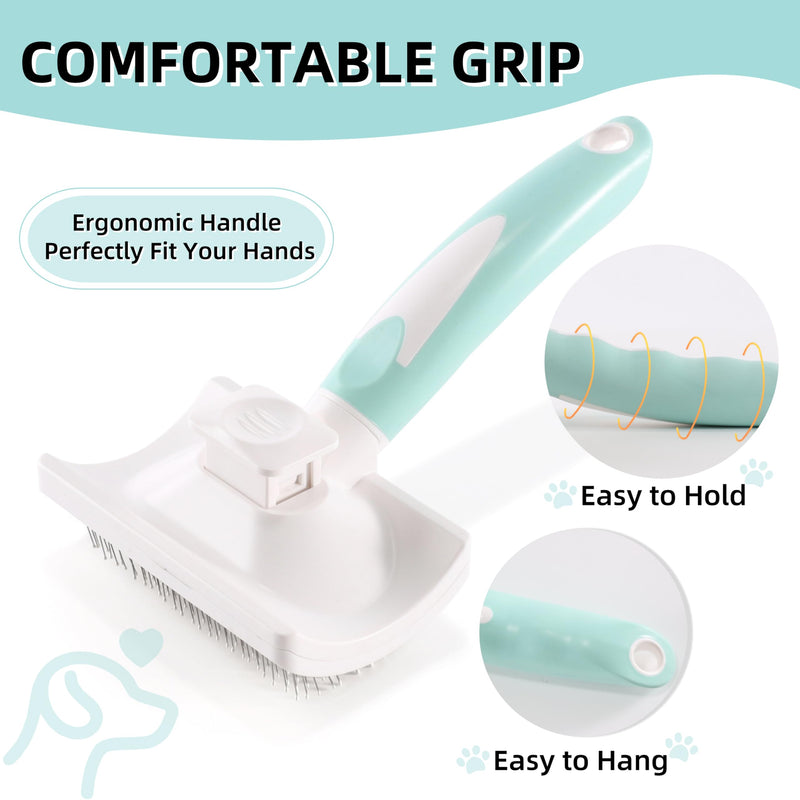 Dog Self-Cleaning Slicker Brush with One Button Fur Removal and Coated Tips Deshedding Brush for Long Hair Dogs and Cats for Shedding Massaging Grooming Green With Coated Tips - PawsPlanet Australia