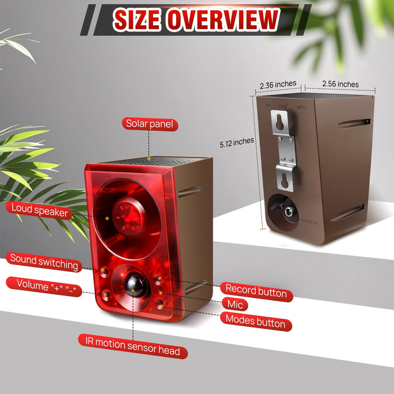 Solar Outdoor Motion Sensor Alarm, Dog Barking&Gunshot Sound,130db Loud Noise Maker,Support Recording,13 Kinds of Sound and Strobe Light to Deter Raccoons, Deer, Skunks, Bears, and Coyotes 1 Remote+1 Sensor