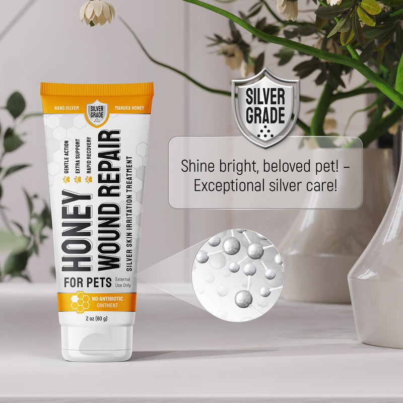 SILVER GRADE Dog Wound Care with Manuka Honey & Colloidal Silver for Scratches & Skin Irritations – Cat & Dog Hot Spot Treatment Gel Works as Honey Rapid Wound Repair for Horses – for All Pets – 2-Oz Honey Gel for Pets
